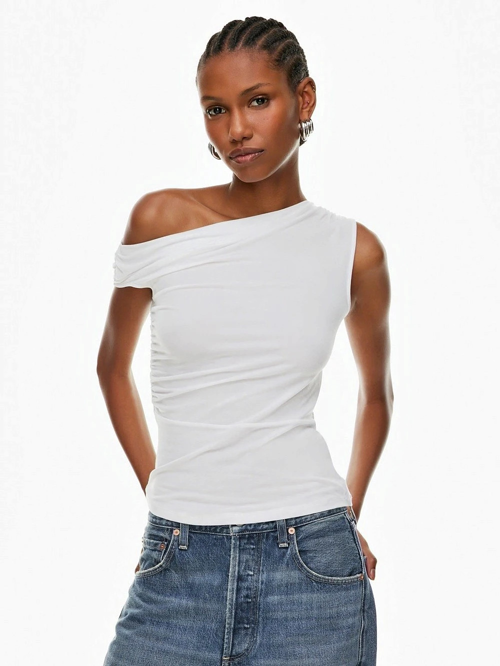 Aritzia Babaton Medium Gallery Top One-Shoulder Ruched Top in White